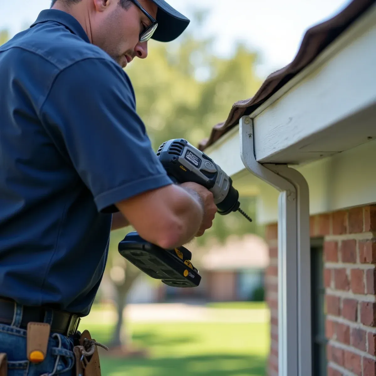 Installer driving zinc-coated structural screw through aluminum hidden hanger into solid fascia lumber