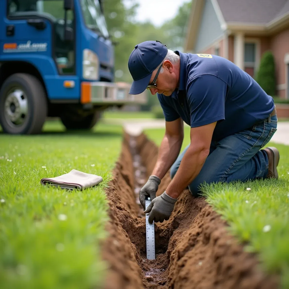 Measuring trench depth and laser slope through yard ensuring gravity water flow to street