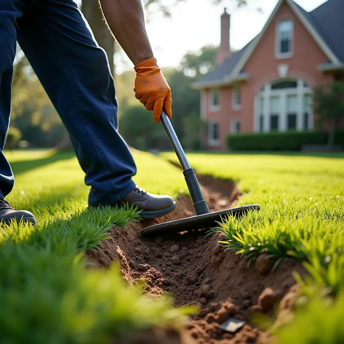 Tamping down replaced grass sod over buried French drain leaving front yard immaculate