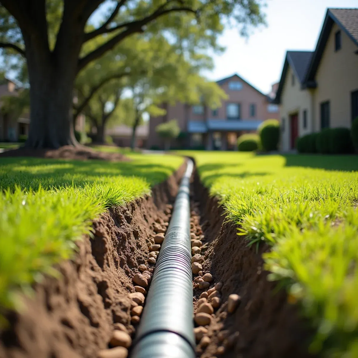 Excavated French drain trench with perforated pipe and smooth washed river rock on Houston lawn