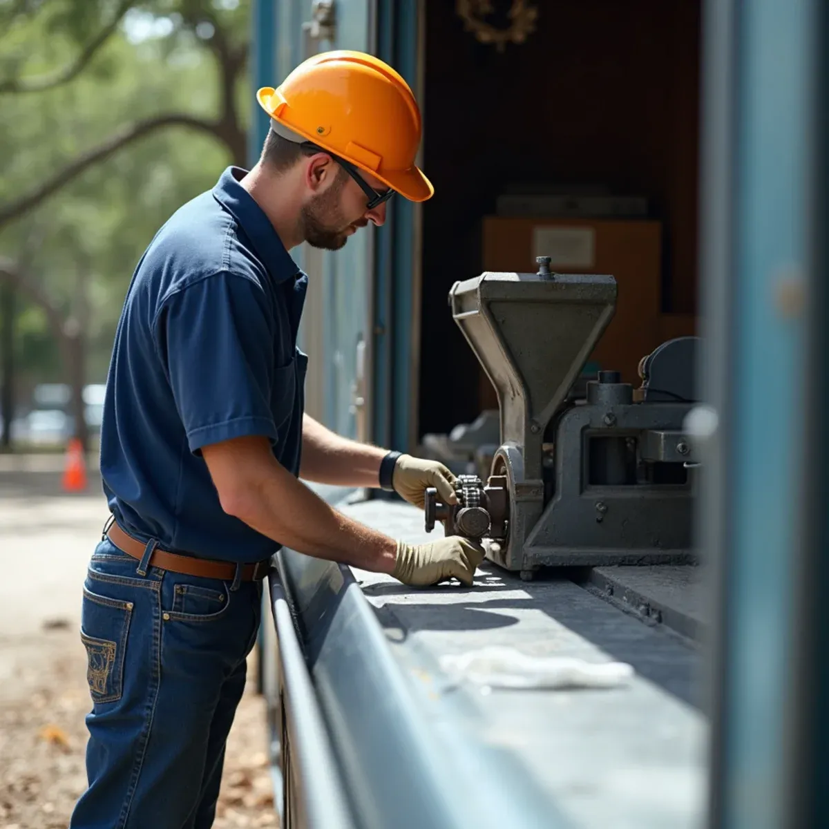 Continuous roll-forming machine actively producing seamless aluminum trough on job site