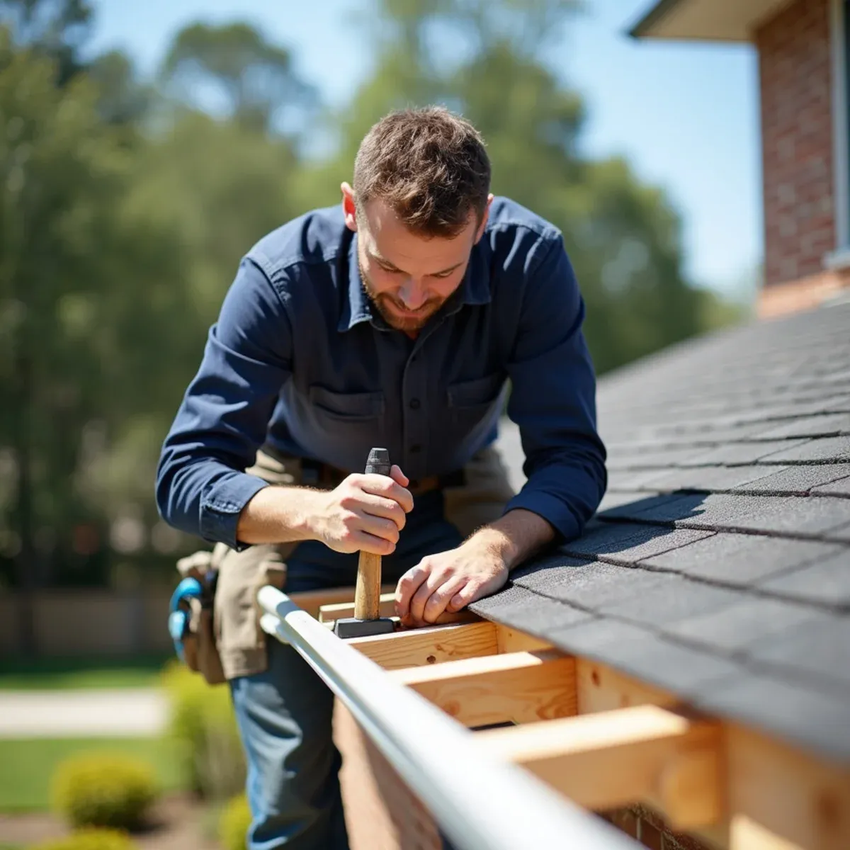 Carpenter repairing damaged soffit and fascia boards before seamless gutter installation