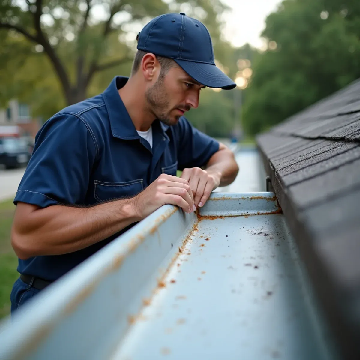 Lead installer inspecting miter seals, slope pitch, and site cleanliness before sign-off