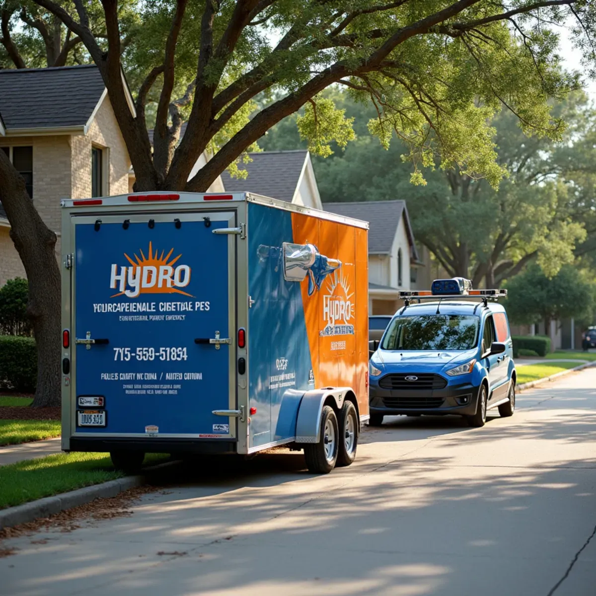 Hydro Seamless Gutters mobile work trailer and equipped van parked outside Houston residence