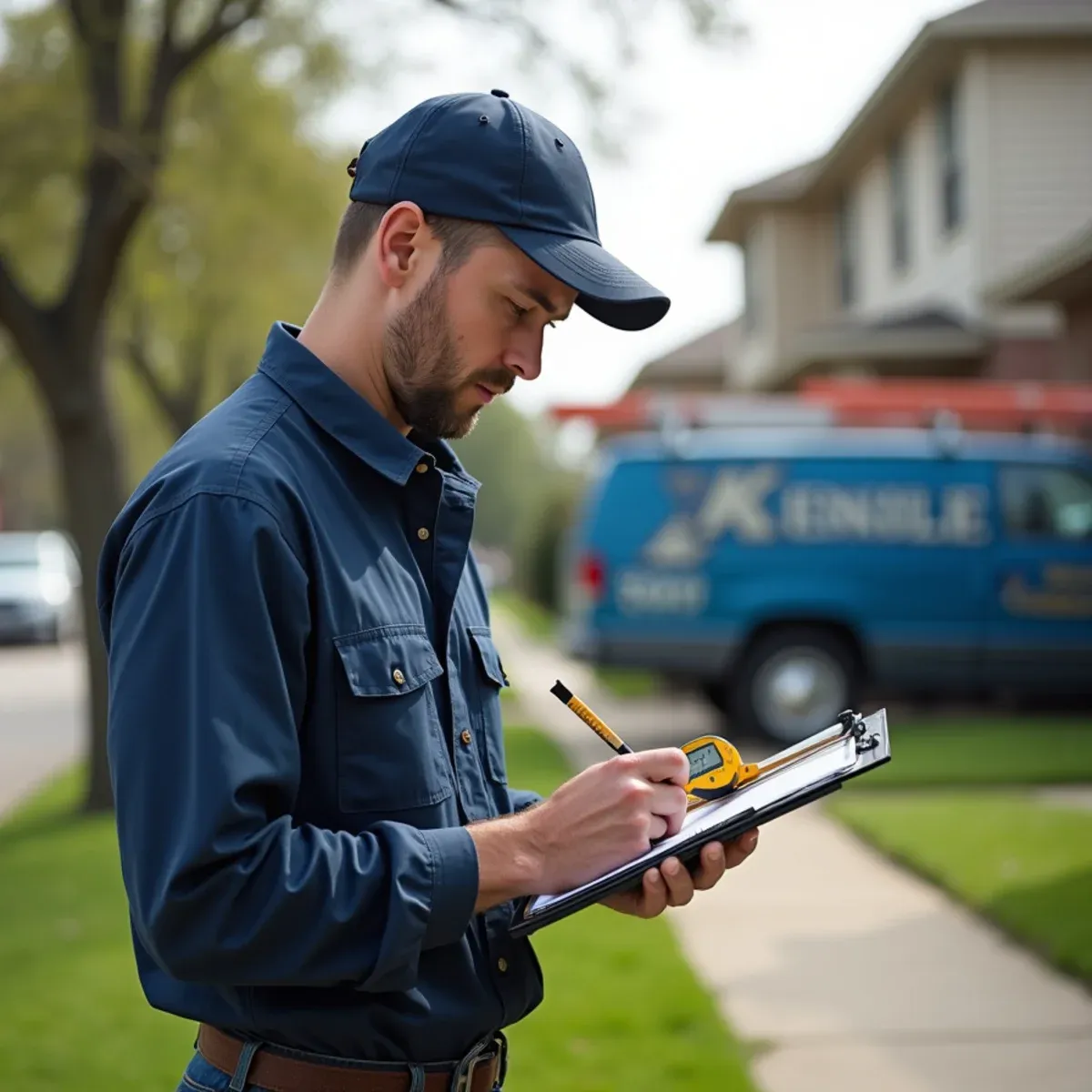 Technician with clipboard and digital measuring wheel calculating linear footage for gutter estimate