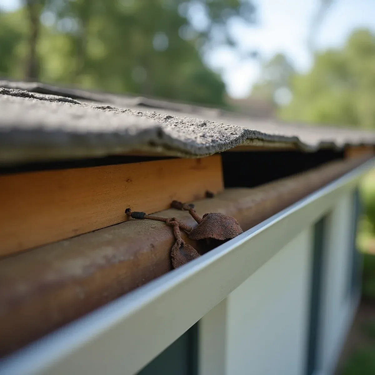 Traditional smooth gutter spike backing out of rotted cedar fascia board under water weight