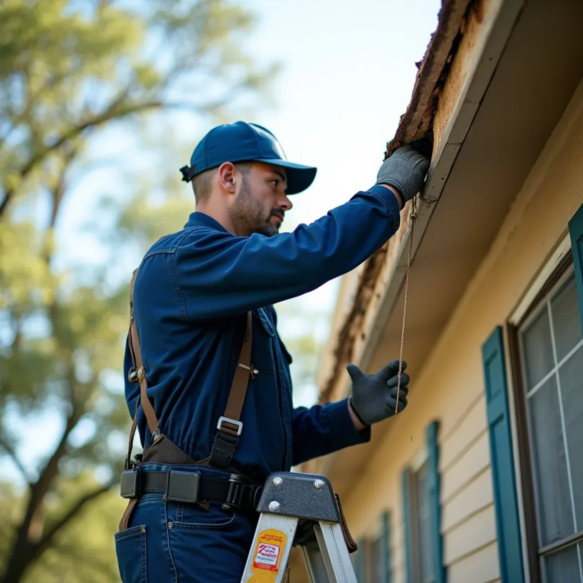 Technician assessing wind-detached gutter section and splintered fascia board after storm
