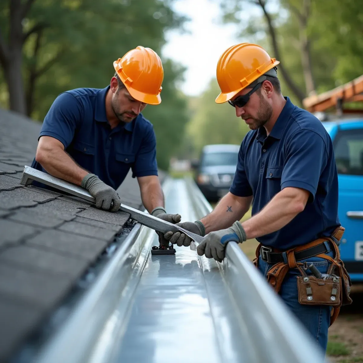 Inspecting detached aluminum gutter trough for bends, warps, or metal fatigue