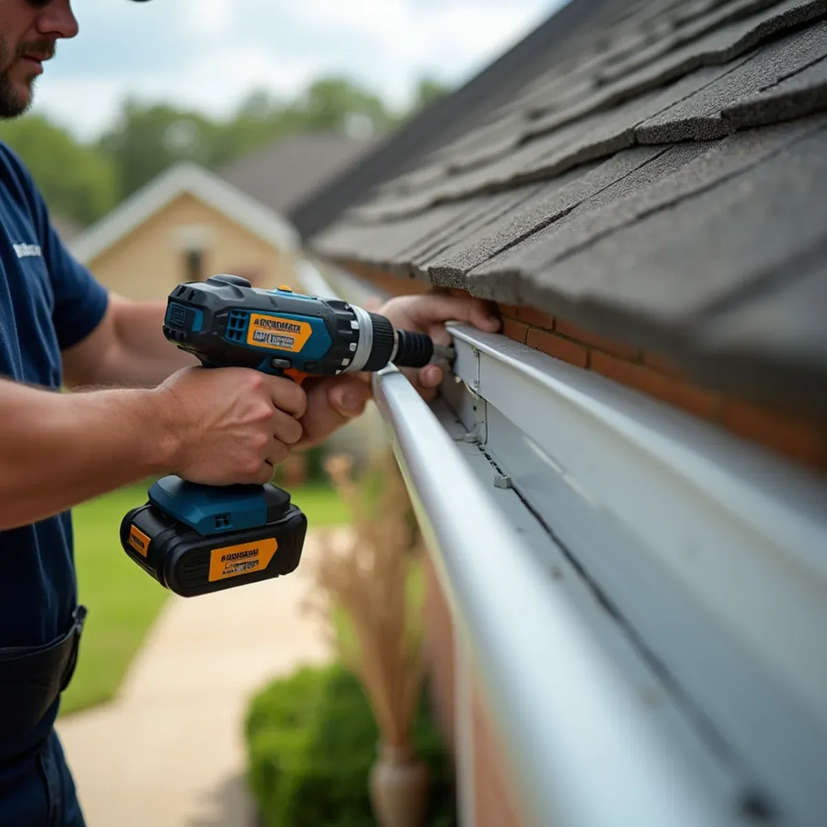 Re-attaching gutter trough with heavy-duty structural screws driven deep into rafter tails
