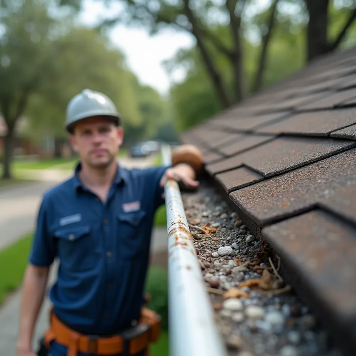 Damaged gutter hanging loose from roofline after severe Gulf storm wind gust in Houston