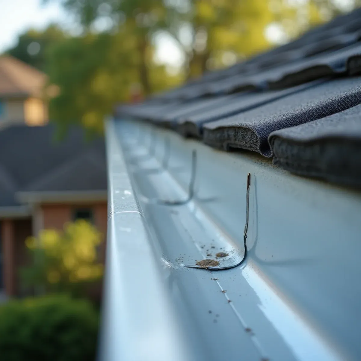 Close-up of hail indentations along outer lip of aluminum gutter