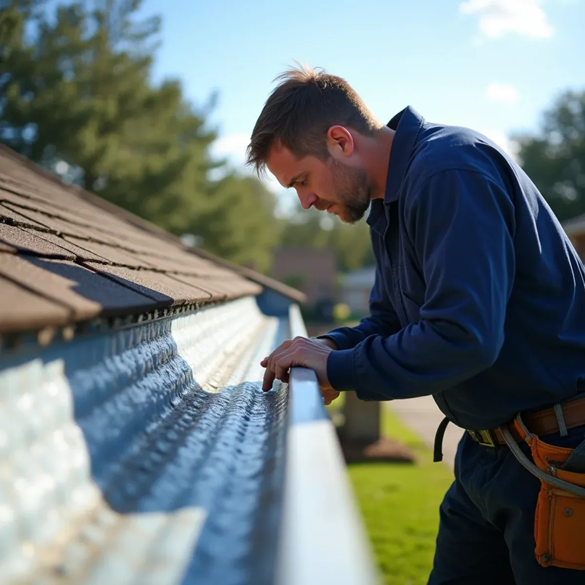 Technician inspecting dimpled aluminum gutter trough and roof shingles after Texas severe hail storm