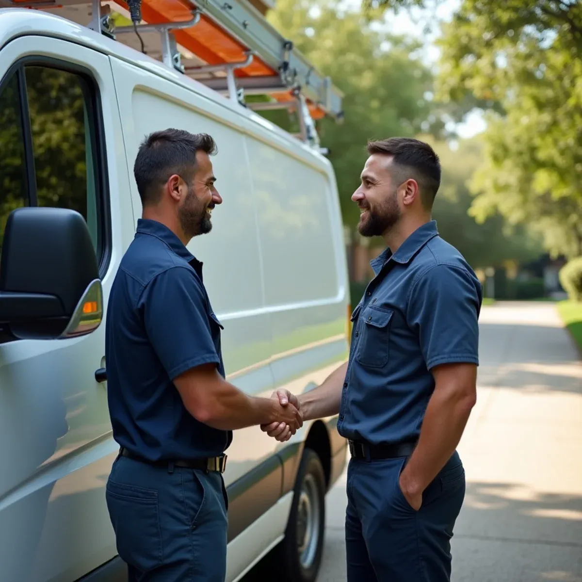 Homeowner shaking hands with licensed and insured gutter professional beside clean service work truck