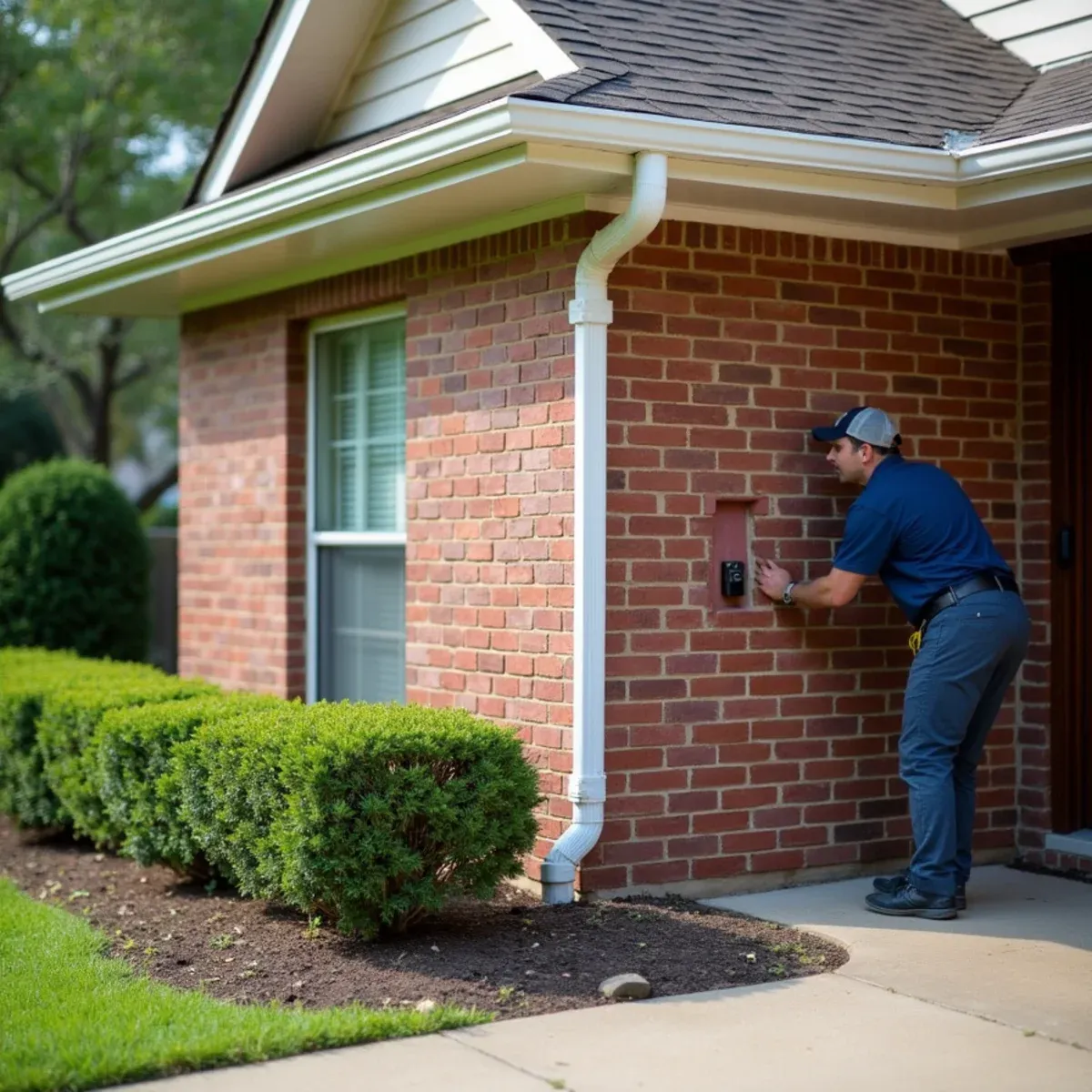 Downspout positioned inconspicuously behind brick corner column per HOA design guidelines