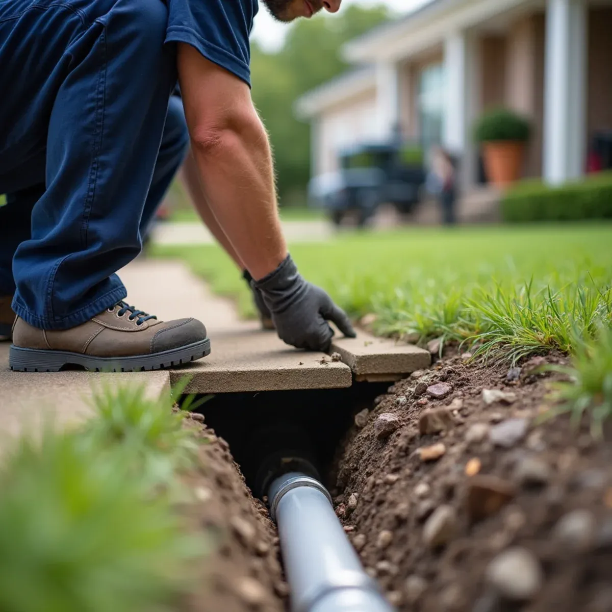 Downspout discharging into underground line rather than splashing across visible sidewalk