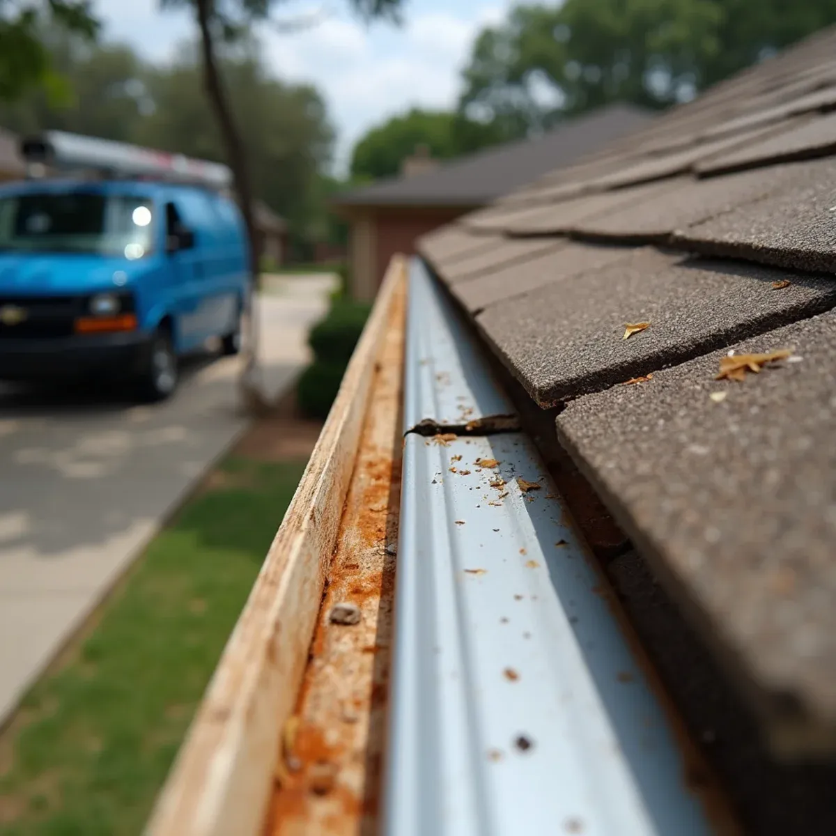 Inspecting bent aluminum trough and fractured fascia lumber beneath impact point