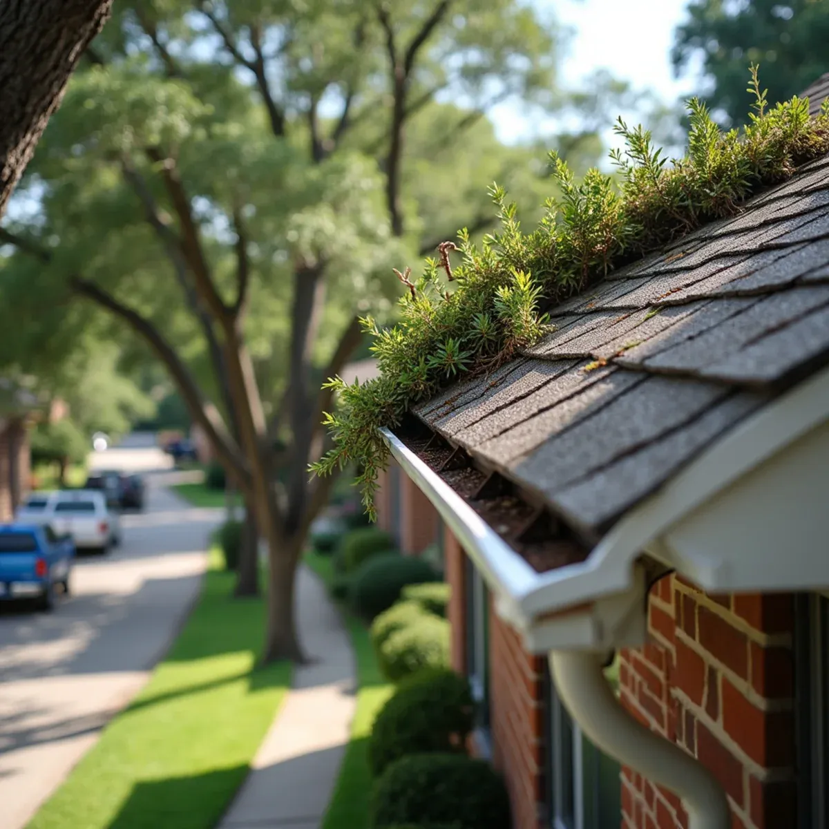 Fallen oak tree branch resting on crushed aluminum gutter eave of Houston home after thunderstorm