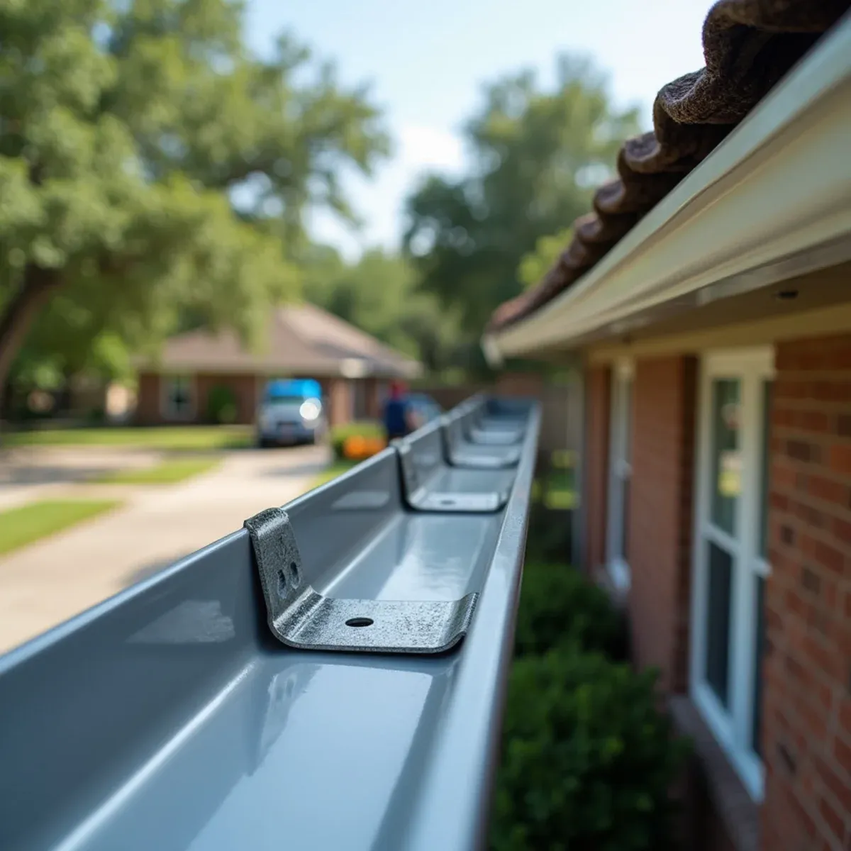 Galvanized steel wraparound strap hangers supporting commercial gutter under metal roof