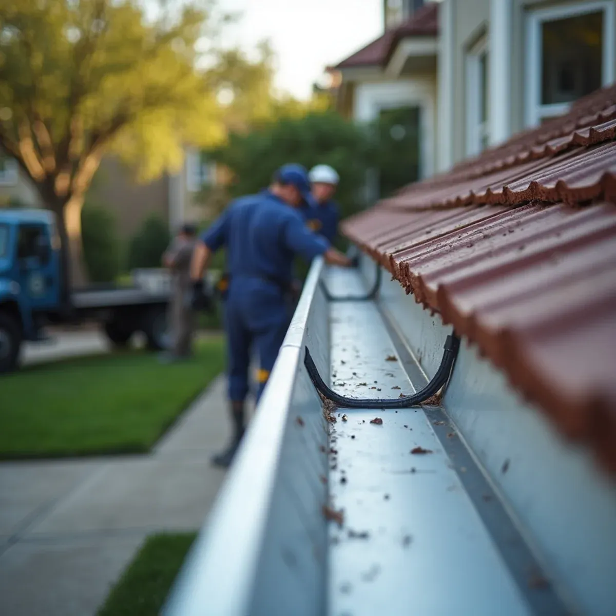 Neoprene expansion joint between long commercial gutter runs allowing thermal movement