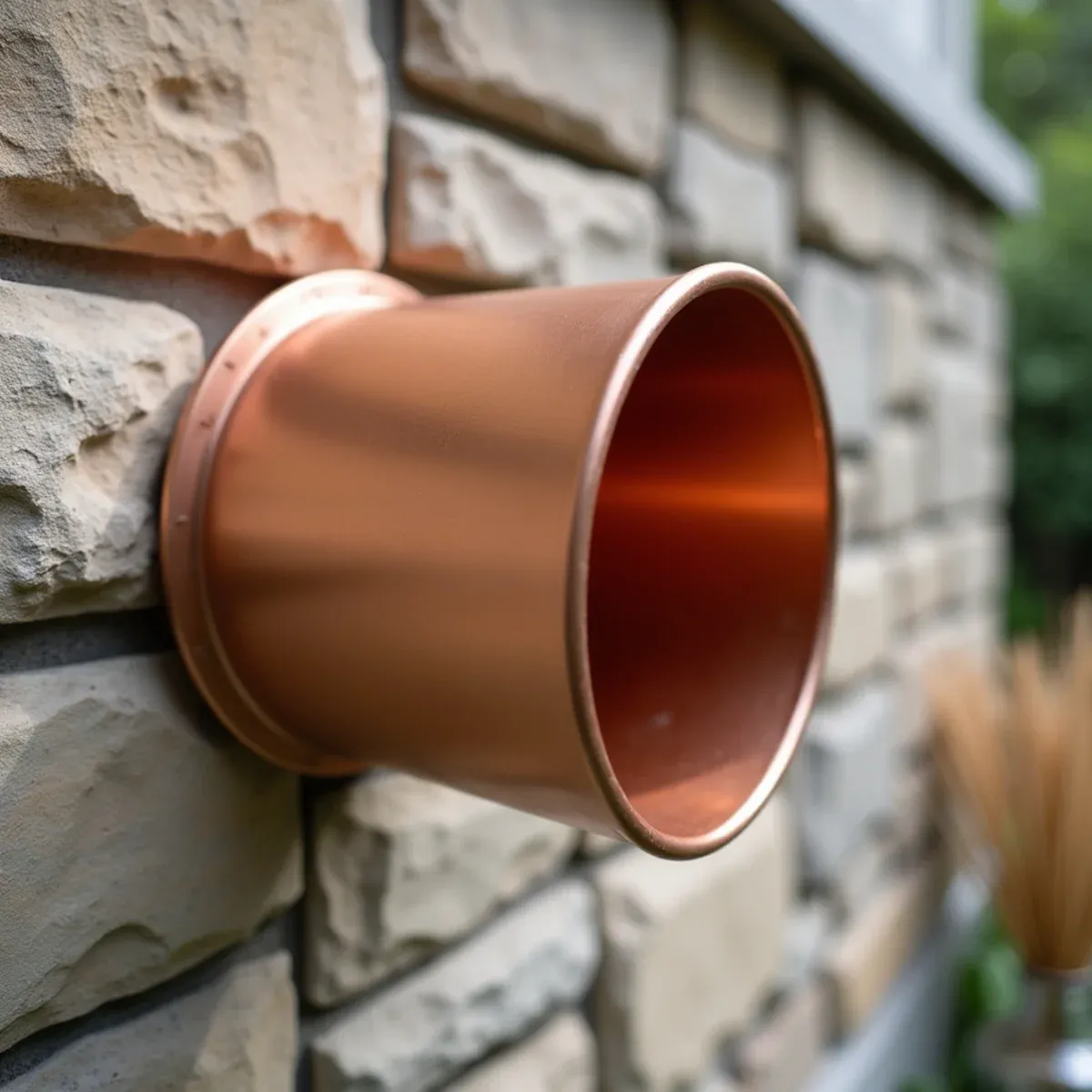 Round seamless architectural copper downspout with ornamental cast brass mounting brackets on stone masonry