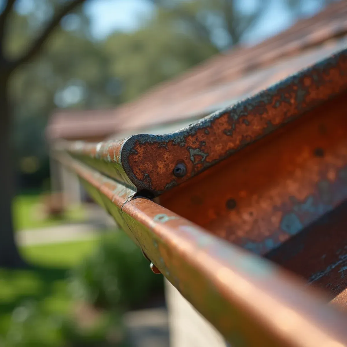 Close-up showing natural warm amber and light verdigris patina developing on aged architectural copper