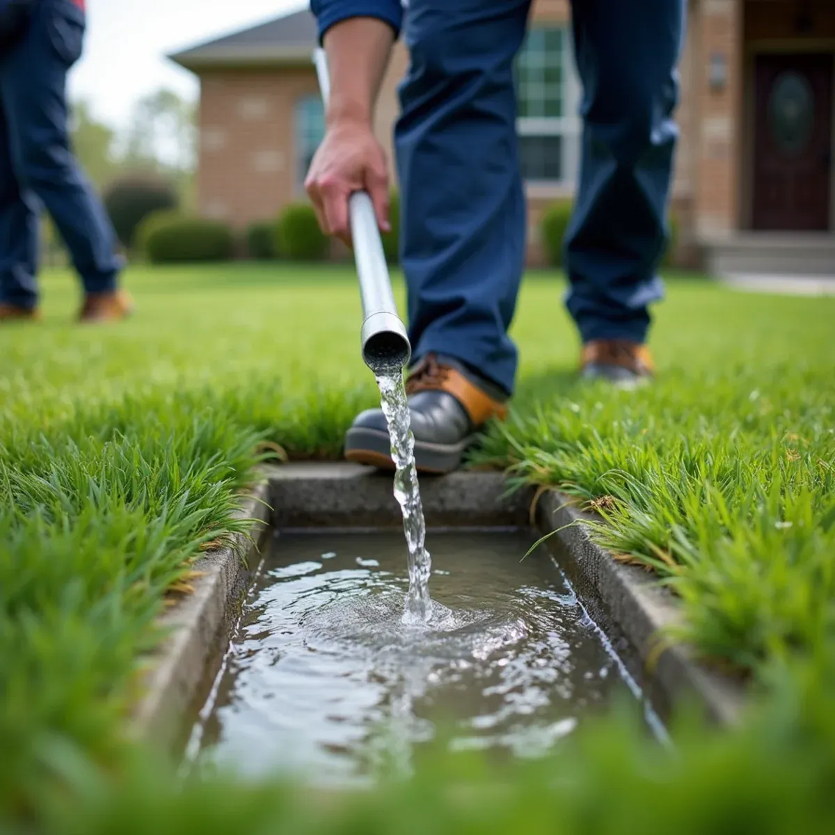 Heavy-duty concrete splash block directing downspout discharge across grass well away from foundation