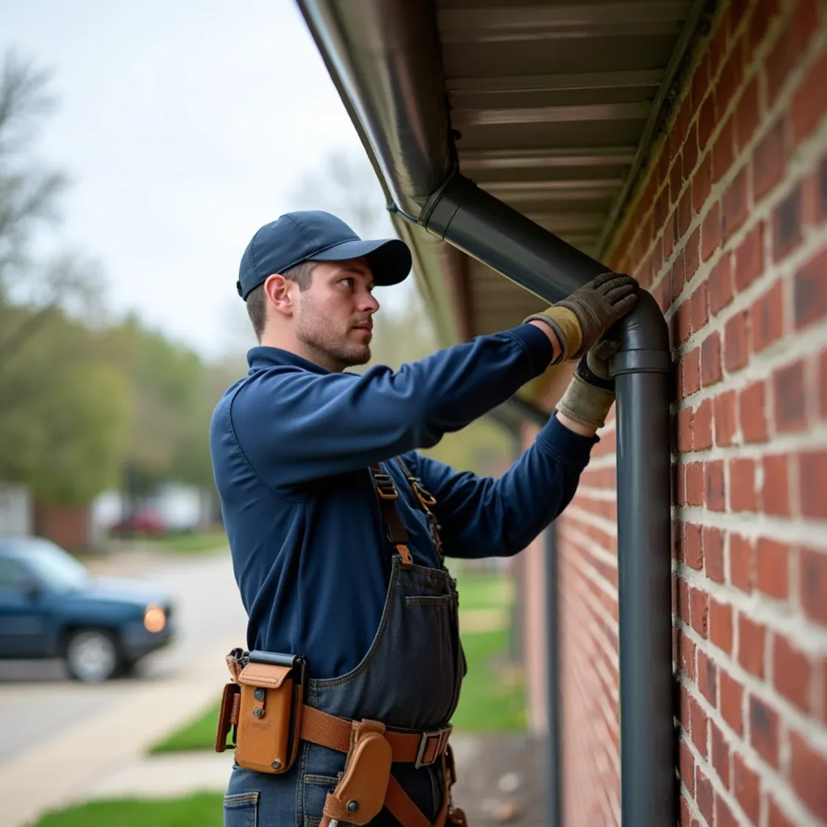 Technician securing oversized downspout assembly to exterior brick wall with precision masonry anchors