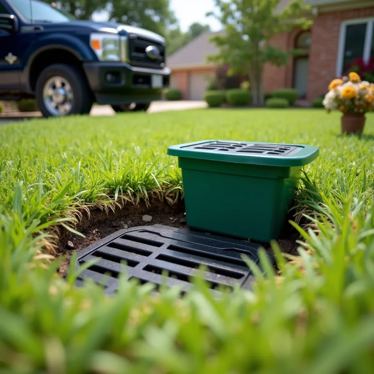 Green plastic lawn catch basin with removable sediment filter installed flush with turf grass