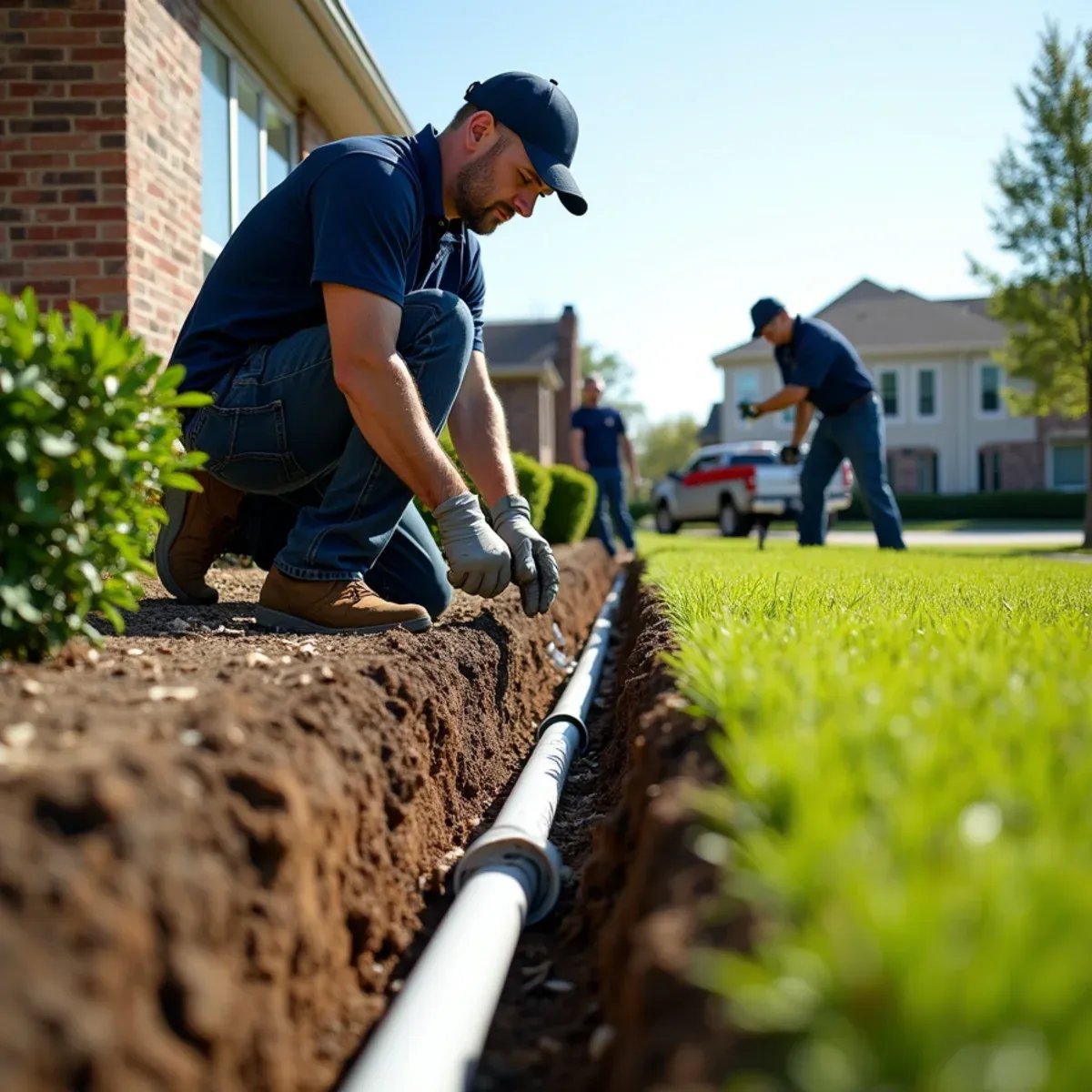 Crew trenching lawn and installing underground PVC downspout drainage pipes beside Houston slab home