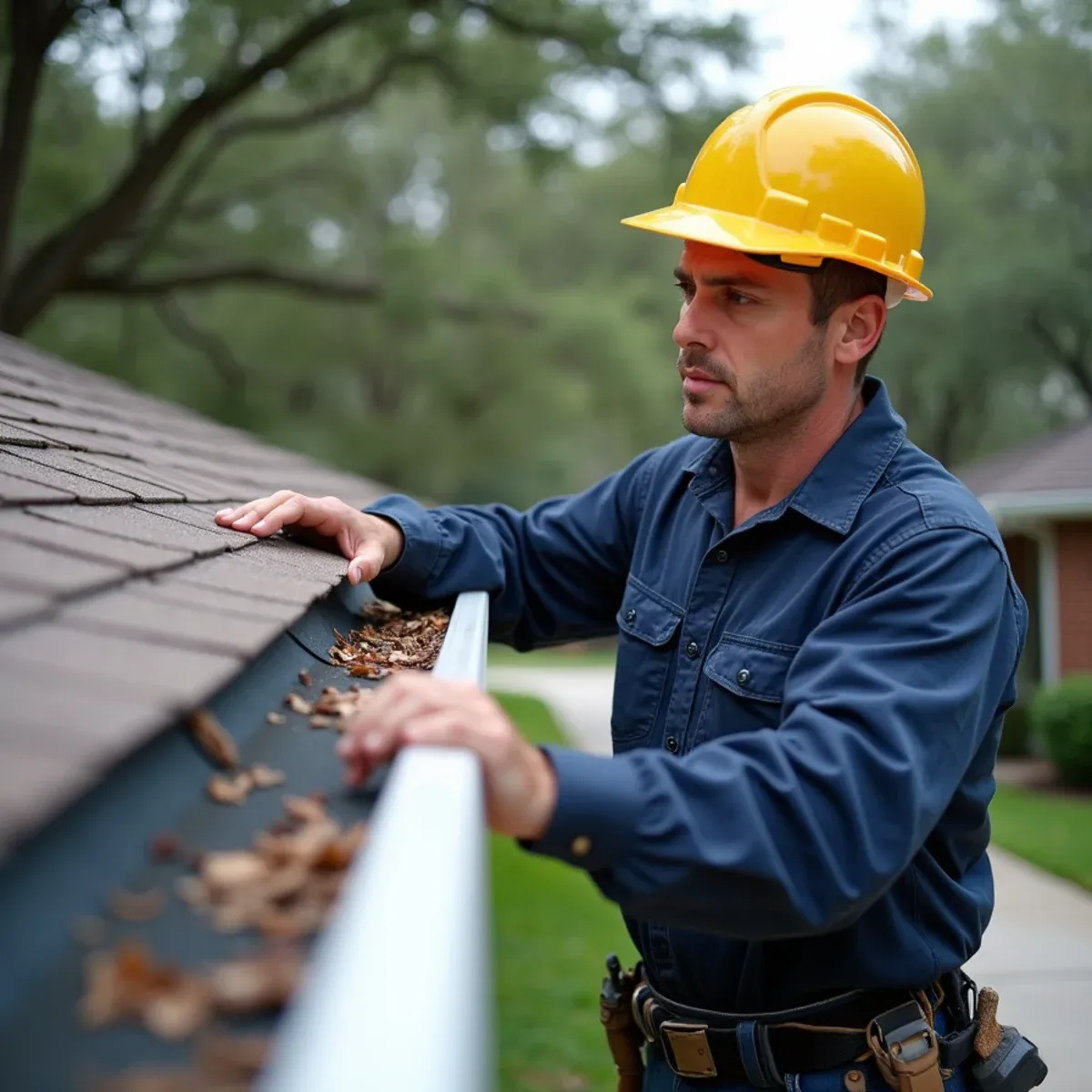 Technician safely detaching wind-torn gutter section threatening windows and exterior siding