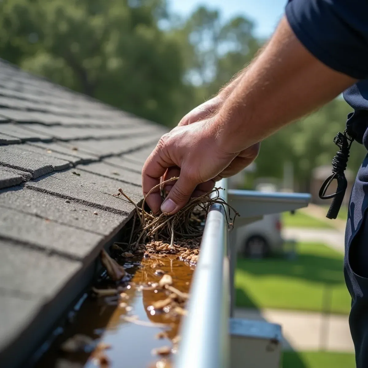 Removing fallen tree twigs and storm debris choking downspout opening during emergency call