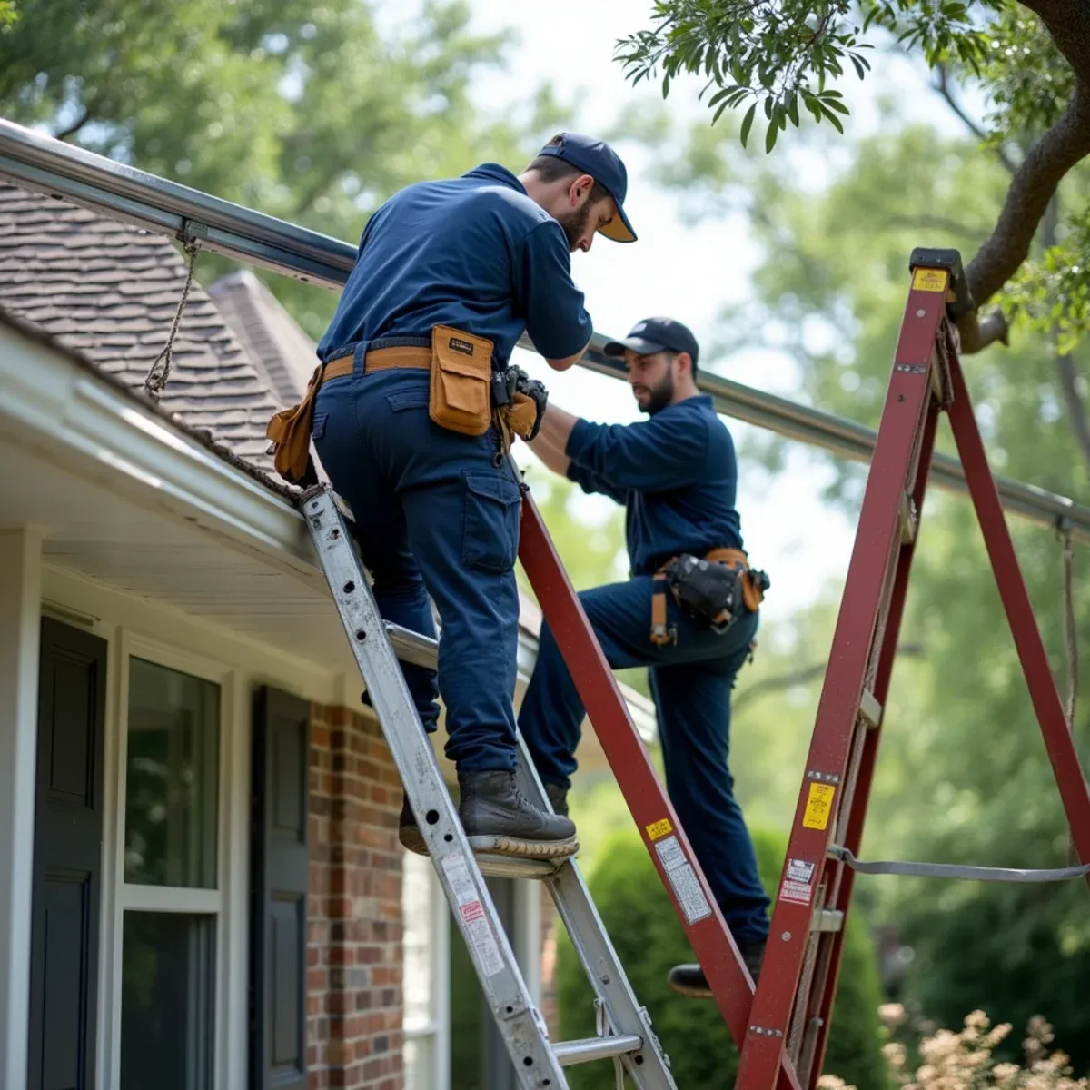 Two installers elevating gutter run and snapping level line to restore correct water drainage pitch
