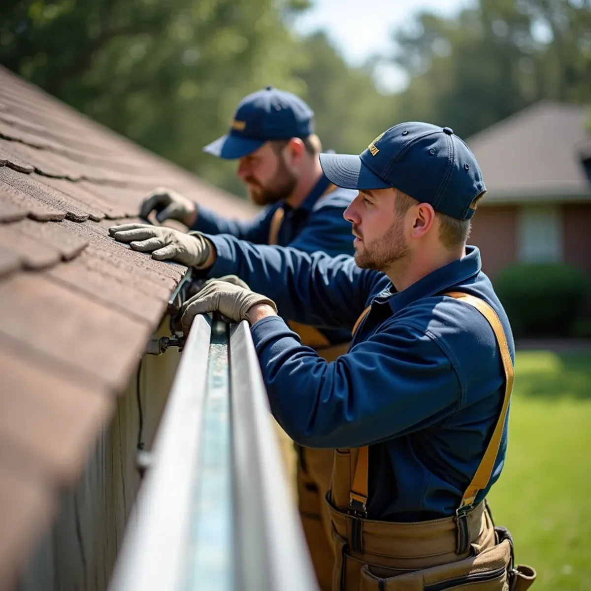 Two technicians re-mounting a fallen seamless gutter run onto solid wood fascia using structural screw hangers
