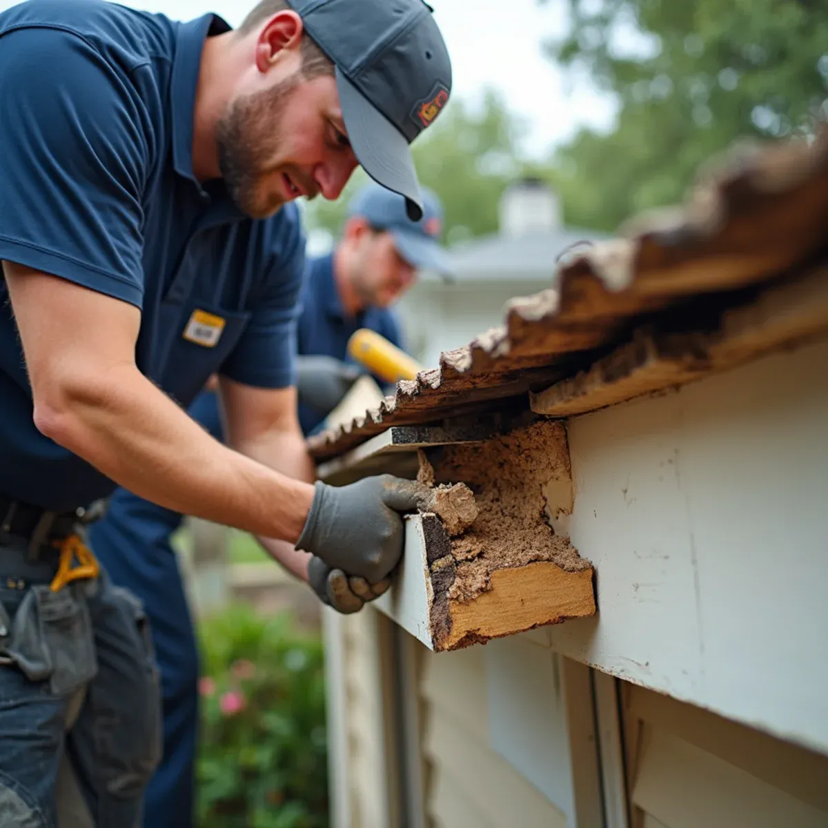 Demolishing water-softened pine fascia board to expose clean, sound roof rafter tails