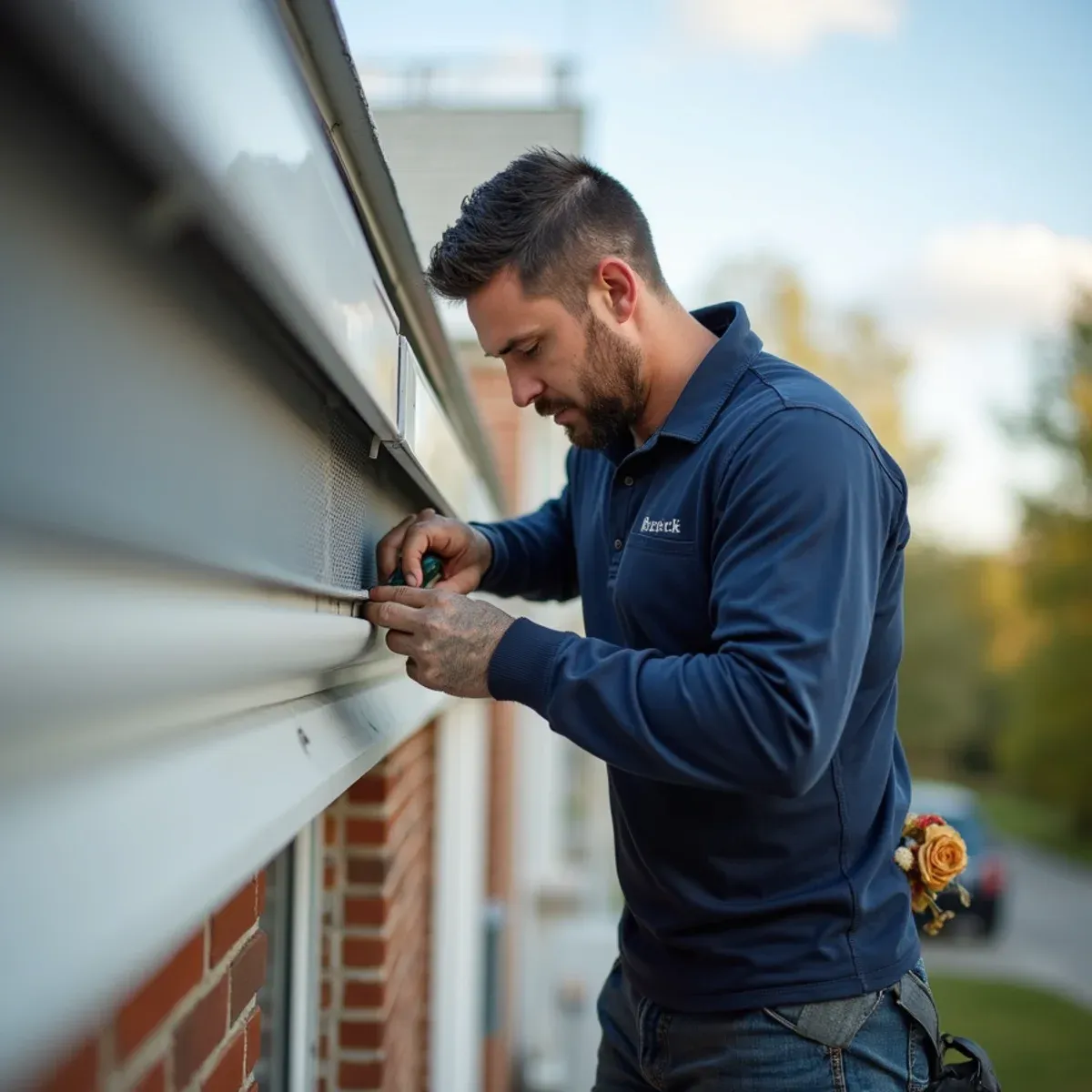 Installing clean white aluminum perforated soffit panel ensuring proper attic ventilation under eaves