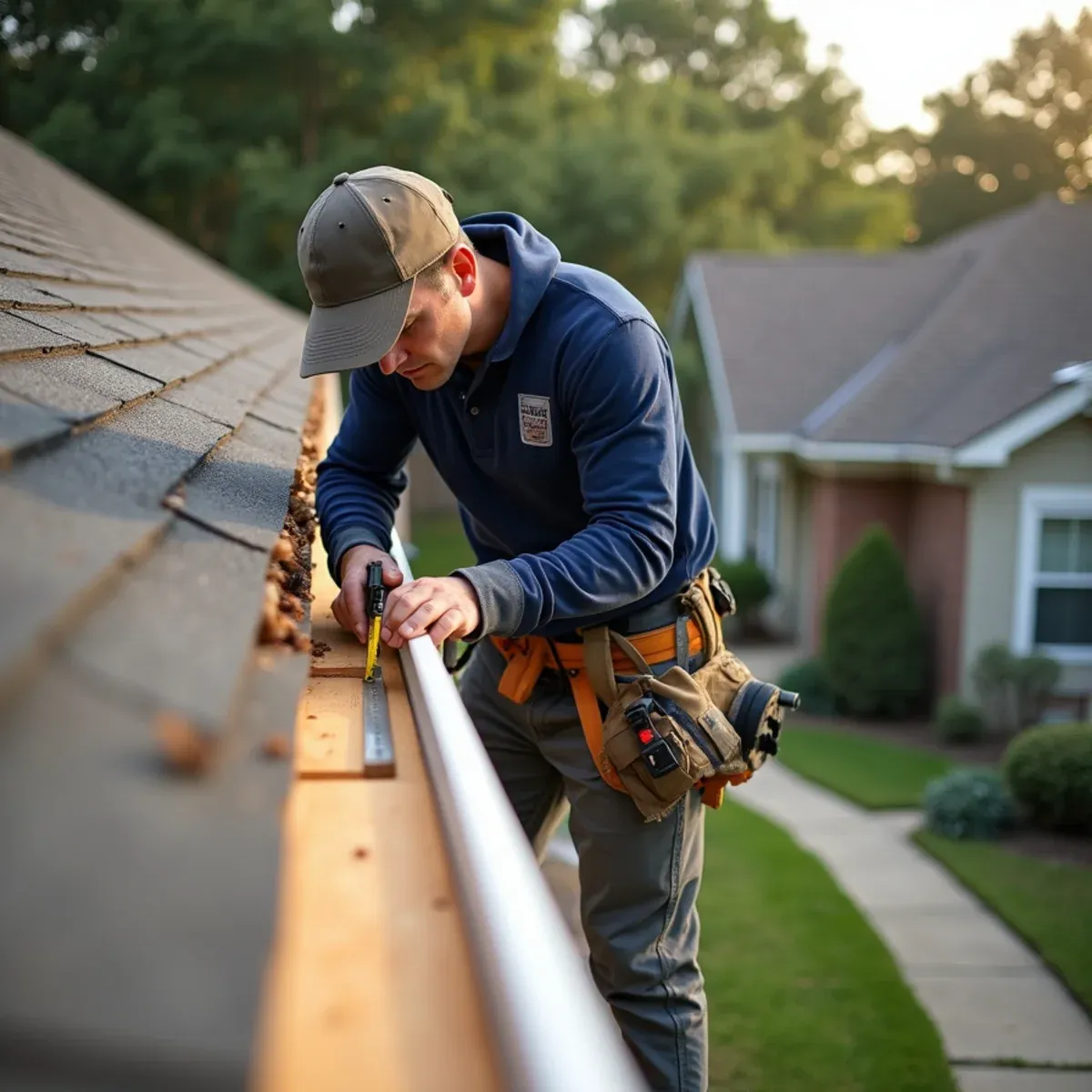 Carpenter measuring and cutting replacement cedar fascia board beneath damaged roof shingles on Houston home