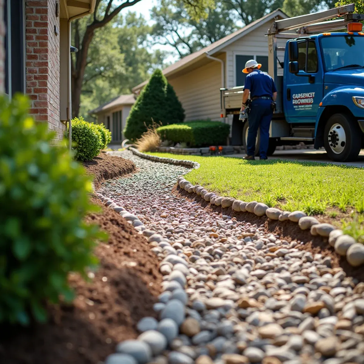 Finished decorative river rock drainage swale blending seamlessly into residential landscape bed