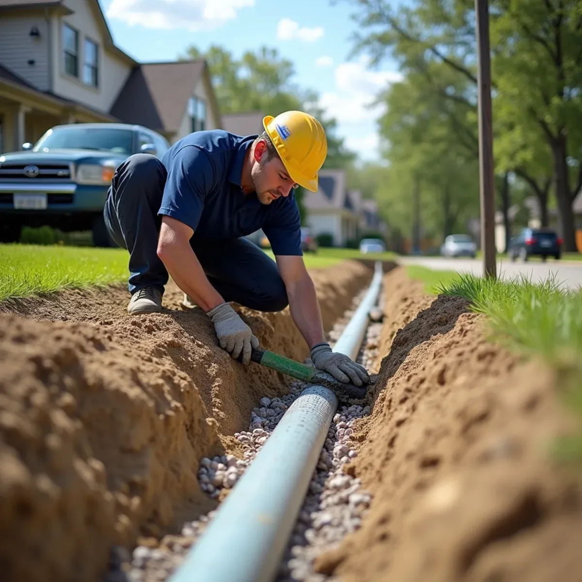 Drainage specialist laying perforated pipe and washed gravel inside geotextile-lined trench on Houston lot