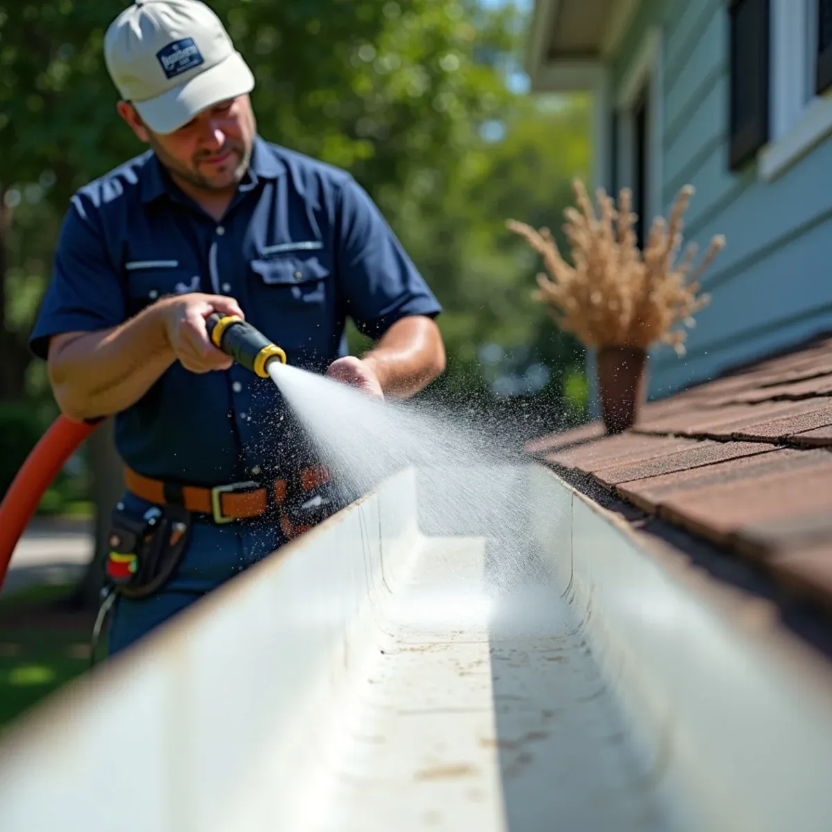 Flushing cleared aluminum gutter trough with high-volume water stream toward corner downspout