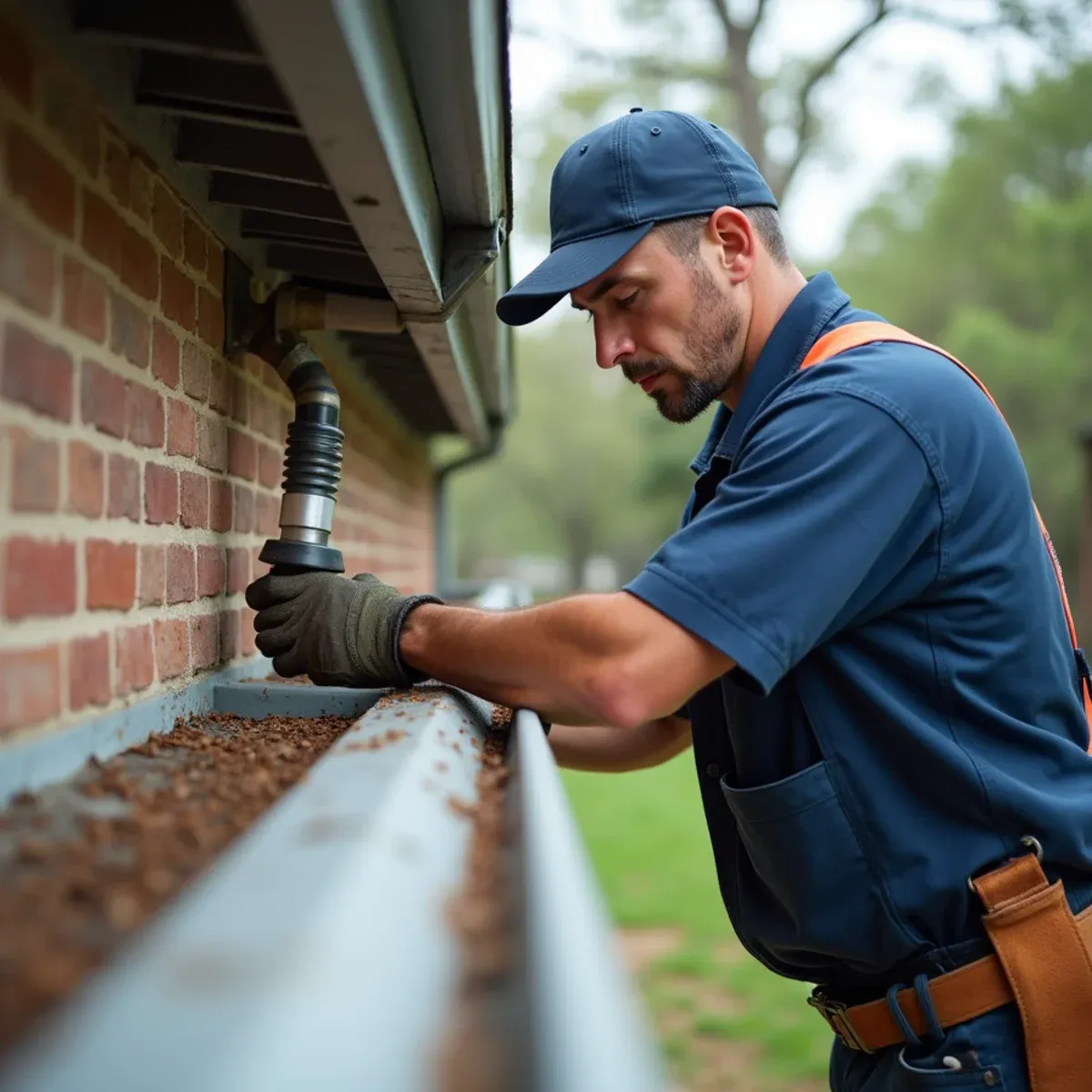 Flexible drain snake tool clearing stubborn pine needle plug from interior of vertical downspout