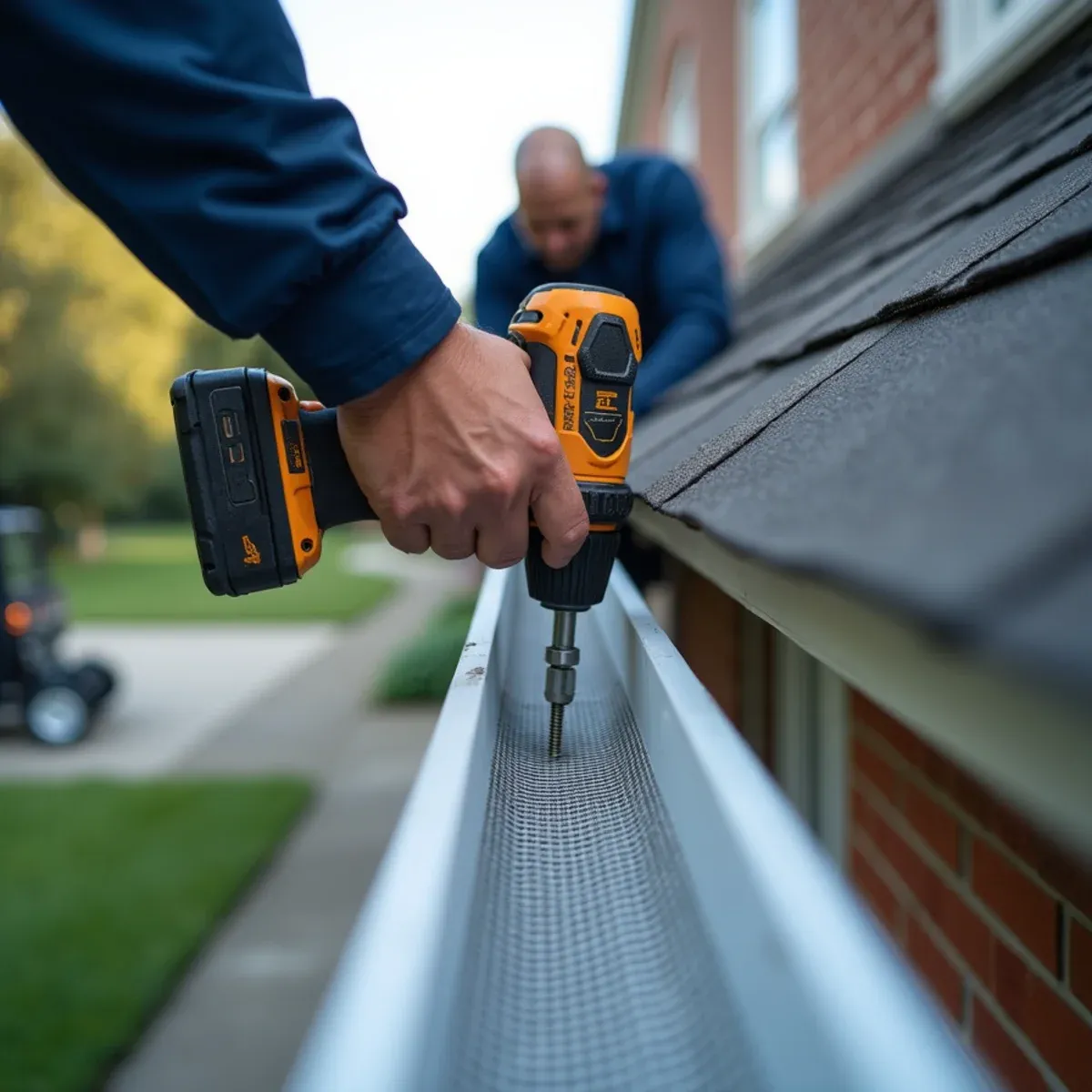 Driving self-tapping stainless screws through gutter guard front lip into gutter trough edge