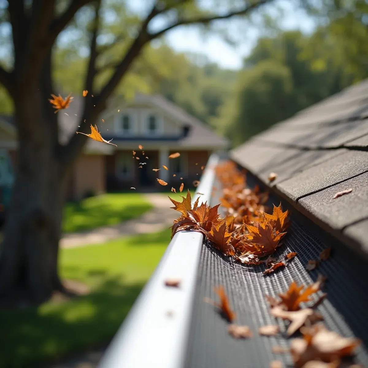Dry live oak leaves and pine needles blowing freely off angled micro-mesh screen in breeze