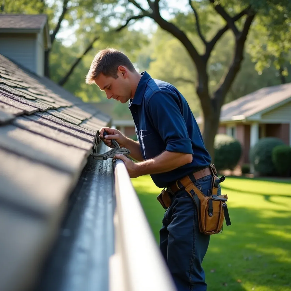 Installer securing micro-mesh leaf protection system over clean 6-inch seamless aluminum gutters