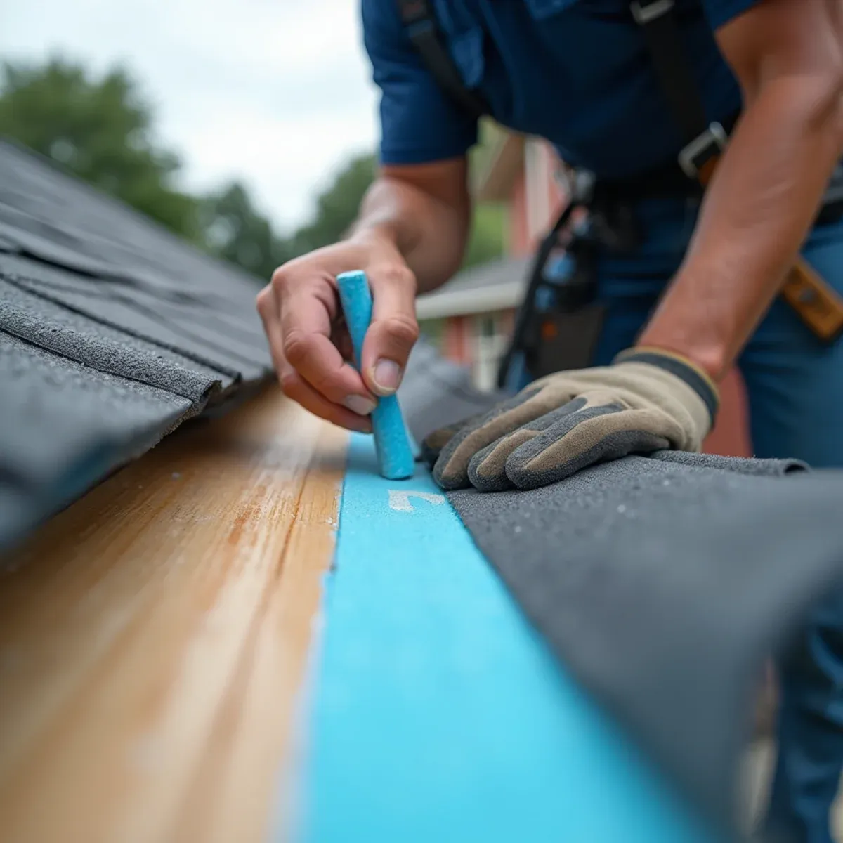 Snapping crisp chalk line along fascia board establishing uniform 1/8-inch per foot slope