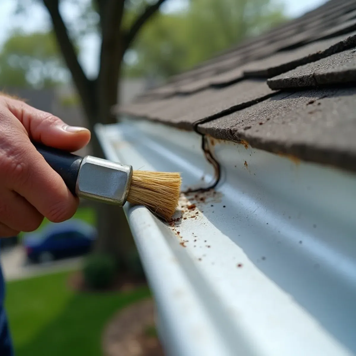 Wire-brushing and scraping failed brittle silicone caulk from inside gutter miter seam before resealing