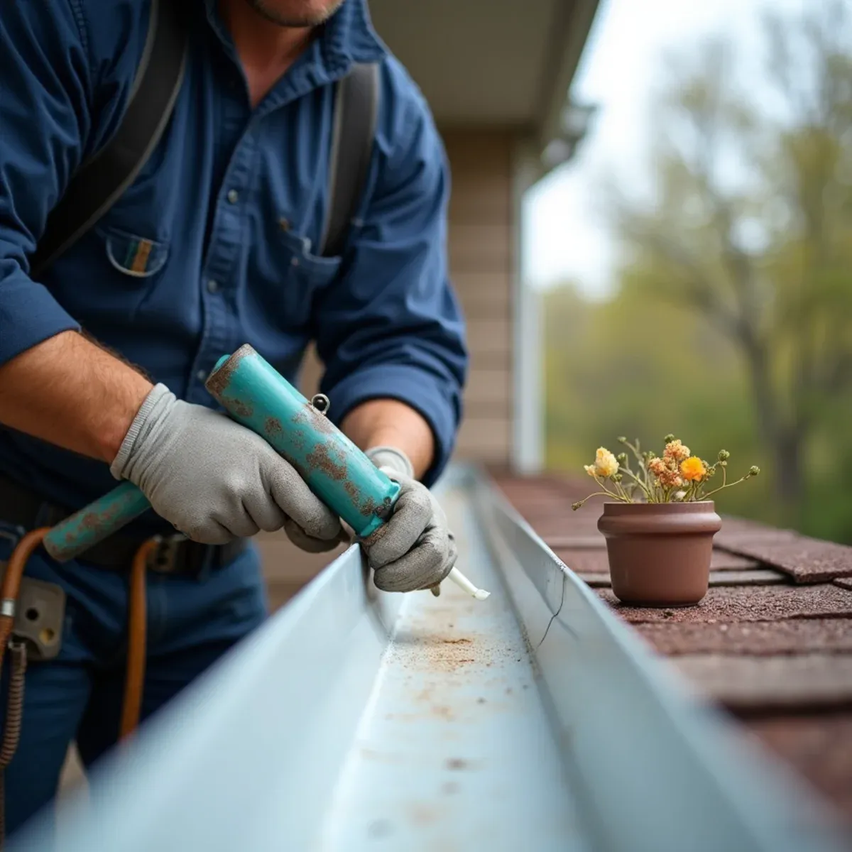 Applying heavy bead of commercial tripolymer elastomeric sealant over pop-riveted inside miter corner