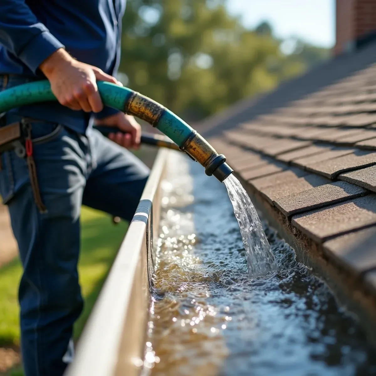 Testing repaired gutter run with pressurized garden hose to verify water flows smoothly to downspout