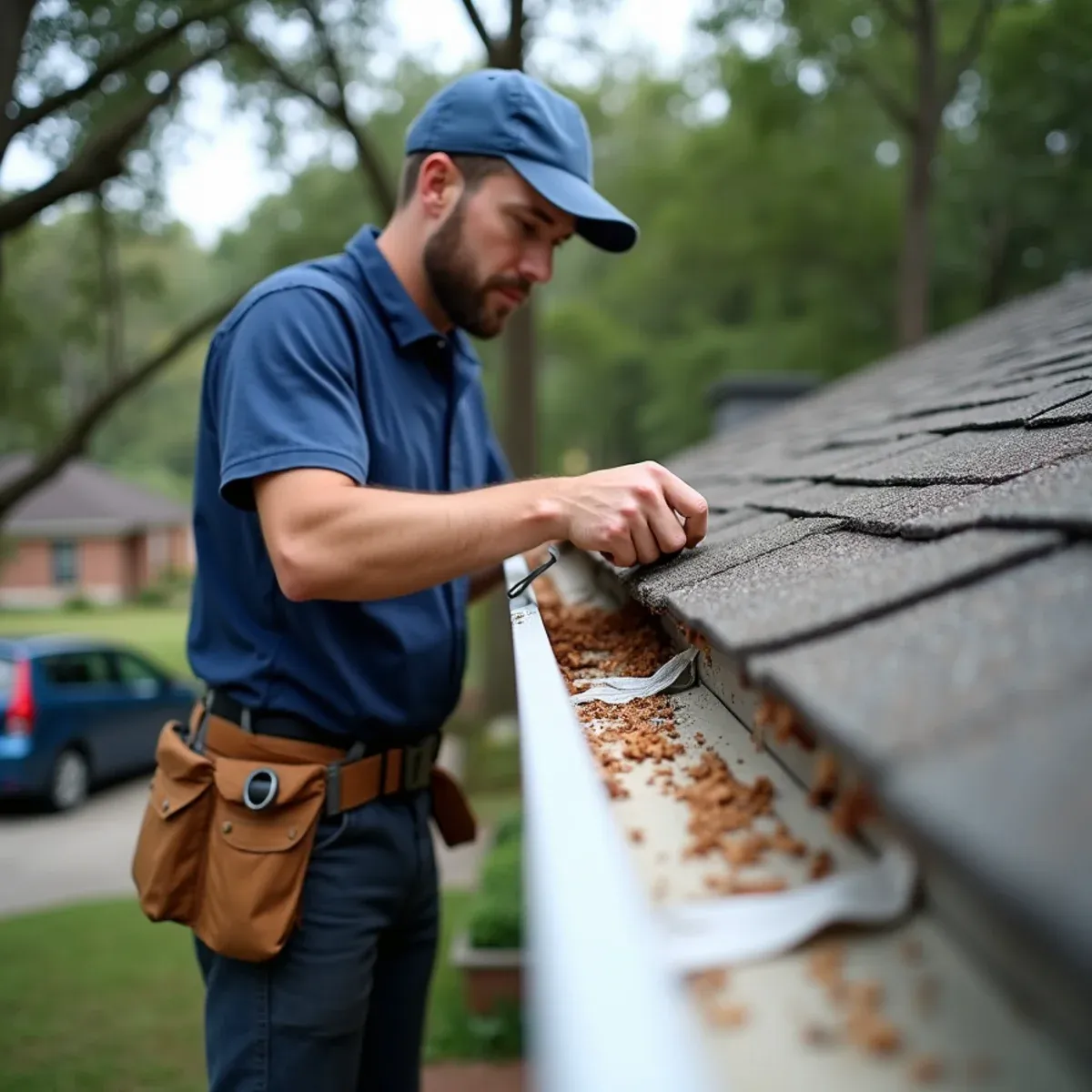 Careful removal of rusted sectional gutters and corroded spikes without damaging shingles or drip edge