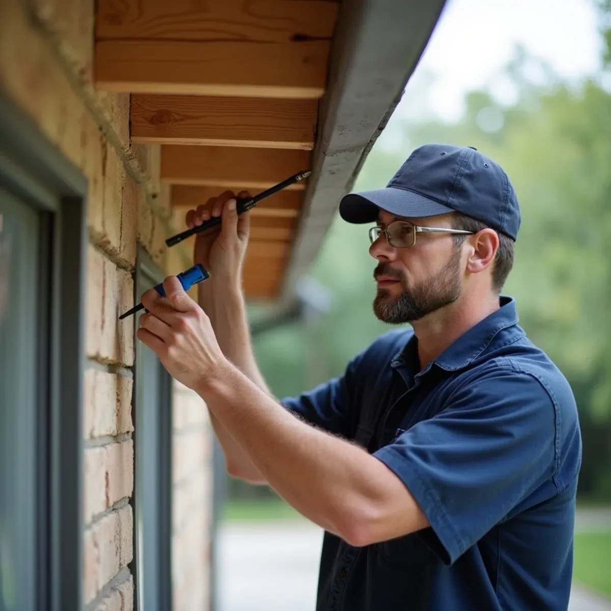 Inspection and awl testing of wood sub-fascia board for moisture rot before hanging new seamless gutters