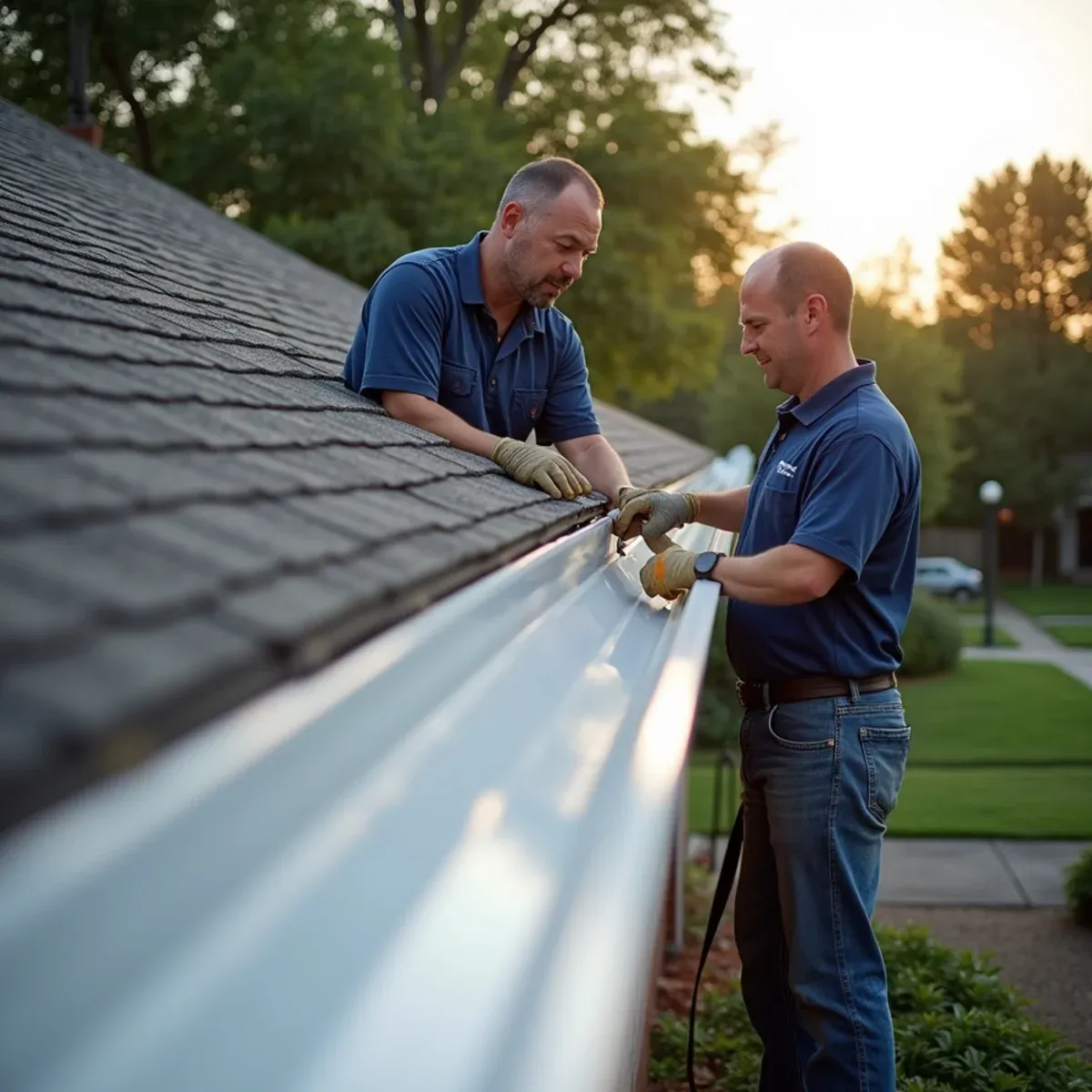 Two technicians lifting and securing continuous seamless aluminum gutter run along freshly repaired fascia